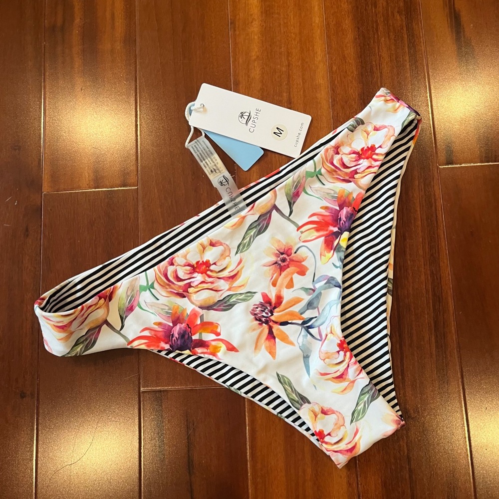 Cupshe Reversible Bikini Bottom Swim Floral Striped Black Whiteโ New Size Medium